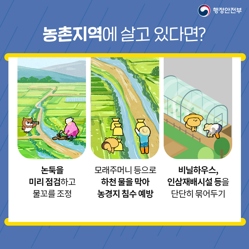 행정안전부 농촌지역에 살고 있다면? 논둑을 미리 점검하고 물꼬를 조정 모래주머니 등으로 하천 물을 막아 농경지 침수 예방 비닐하우스, 인삼재배시설 등을 단단히 묶어두기