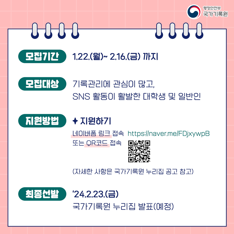 <모집기간> ’24.1.15.(금)~2.6.(화) <모집대상> 기록관리에 관심이 많고, SNS 활동이 활발한 대학생 및 일반인 <지원방법>지원하기 네이버폼링크 접속 https://naver.me/FDjxywpB 또는 QR코드 접속(자세한사항은 국가기록원 누리집 공고 참고) (QR코드) <최종선발> ’24.2.15.(목) 국가기록원 누리집 발표(예정)