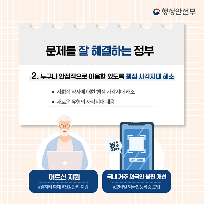 문제를 잘 해결하는 정부/ 2. 누구나 안정적으로 이용할 있도록 행정 사각지대 해소 - 사회적 약자에 대한 행정 사각지대 해소, - 새로운 유형의 사각지대 대응  * 고령자 지원#일자리 확대 #건강관리 지원, * 국내 거주 외국인 불편 개선 #모바일 외국인등록증 도입