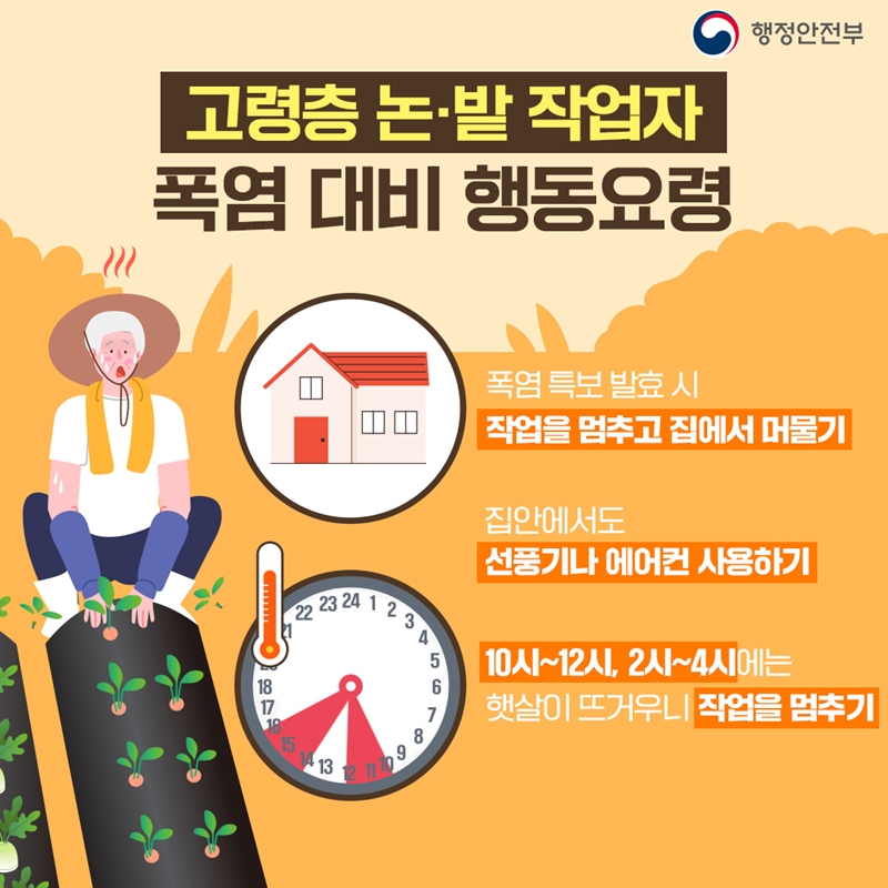 4. [고령층 논·밭 작업자 폭염 대비 행동요령]  -폭염 특보 발효시 작업을 멈추고 집에서 머물기 -집안에서도 선풍기나 에어컨 사용하기 -10시~12시, 2시~4시에는 햇살이 뜨거우니 작업을 멈추기