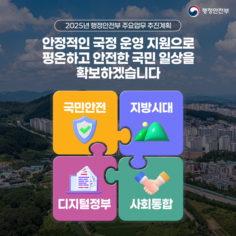 [2025년 행정안전부 주요업무 추진계획] 안정적인 국정 운영 지원으로 평온하고 안전한 국민 일상을 확보하겠습니다. 국민안전·지방시대·디지털 정부·사회통합 -행정안전부-