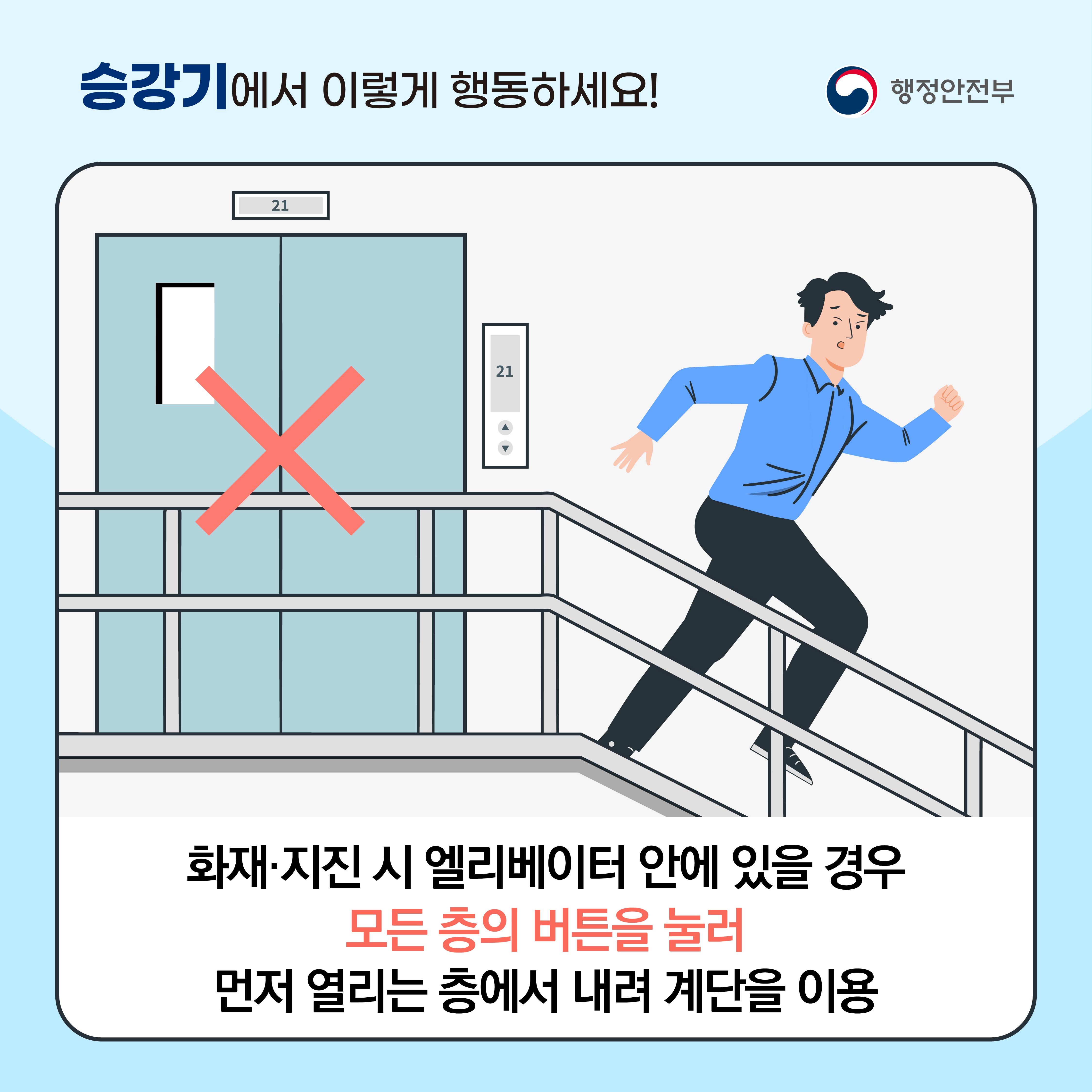<승강기에서 이렇게 행동하세요!> 화재·지진 시 엘리베이터 안에 있을 경우 모든 층의 버튼을 눌러 먼저 열리는 층에서 내려 계단을 이용.