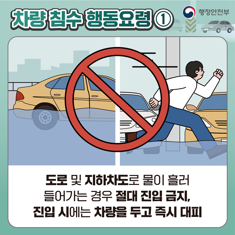 [차량 침수 행동요령1] 도로 및 지하차도로 물이 흘러 들어가는 경우 절대 진입 금지, 진입 시에는 차량을 두고 즉시 대피