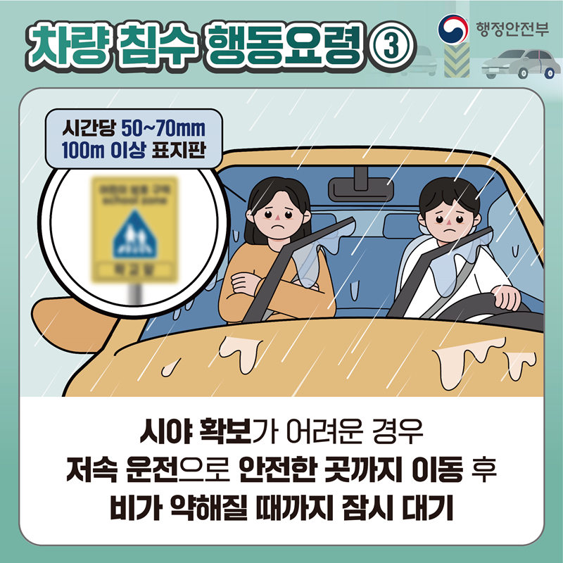 [차량 침수 행동요령3] 시야 확보가 어려운 경우 저속 운전으로 안전한 곳까지 이동 후 비가 약해질 때까지 잠시 대기