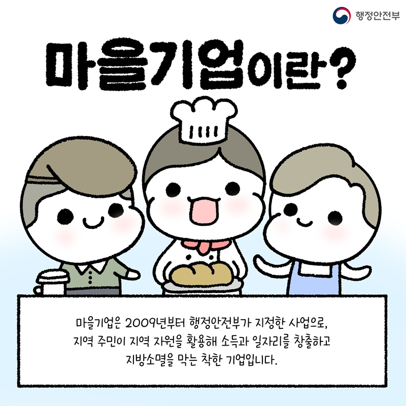 <마을기업이란?> 마을기업은 2009년부터 행정안전부가 지정한 사업으로,  지역 주민이 지역 자원을 활용해 소득과 일자리를 창출하고  지방소멸을 막는 착한 기업입니다.