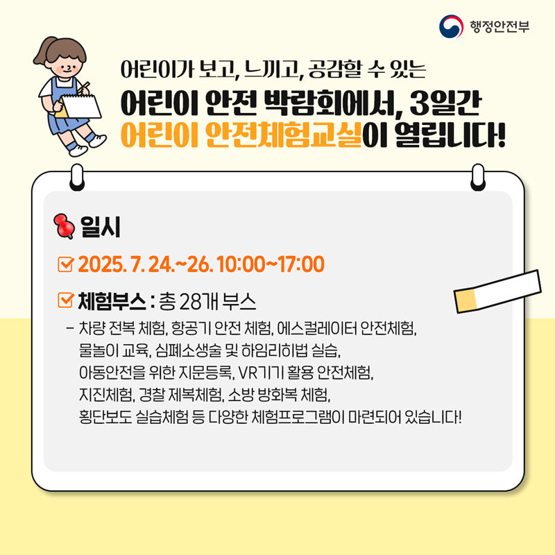 어린이가 보고, 느끼고, 공감할 수 있는 어린이 안전 박람회에서, 3일간 어린이 안전체험교실이 열립니다! [일시] 2025. 7. 24.~26. 10:00~17:00, 체험부스 : 총 28개 부스 - 차량 전복 체험, 항공기 안전체험, 에스컬레이터 안전체험,  물놀이 교육, 심폐소생술 및 하임리히법 실습, 아동안전을 위한 지문등록, VR기기 활용 안전체험, 지진체험, 경찰 제복 체험, 소방 방화복 체험, 횡단보도 실습 체험 등 다양한 체험프로그램이 마련되어 있습니다!