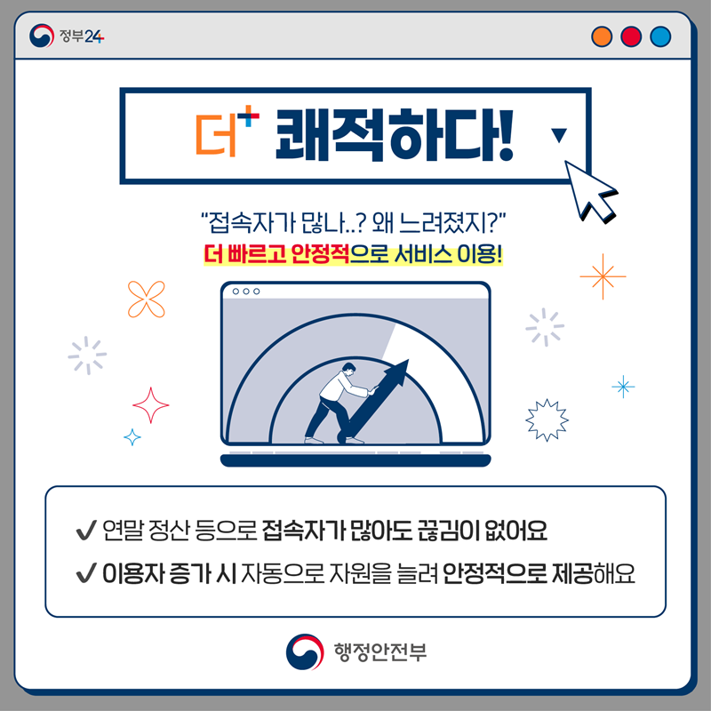 <더 쾌적하다!> "접속자가 많나..? 왜 느려졌지?" 더 빠르고 안정적으로 서비스 이용! 1)연말 정산 등으로 접속자가  많아도 끊김이 없어요 2) 이용자 증가 시 자동으로 자원을 늘려 안정적으로 제공해요.