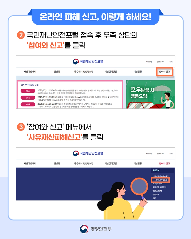 [온라인 피해 신고, 이렇게 하세요!] ② 국민재난안전포털 접속 후 우측 상단의 '참여와 신고'를 클릭 ③ '참여와 신고' 메뉴에서 '사유재산피해신고'를 클릭