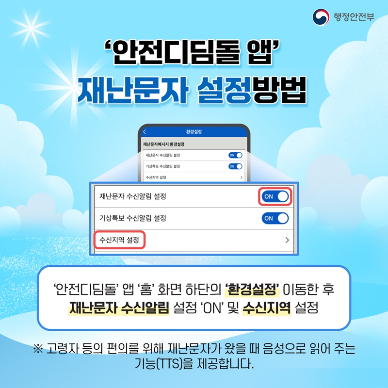 <'안전디딤돌 앱' 재난문자 설정방법> '안전디딤돌'앱 '홈'화면 하단의 '환경설정' 이동한 후 재난문자 수신알림 설정 'ON' 및 수신지역 설정 ※고령자 등의 편의를 위해 재난문자가 왔을 때 음성으로 읽어주는 기능(TTS)을 제공합니다.