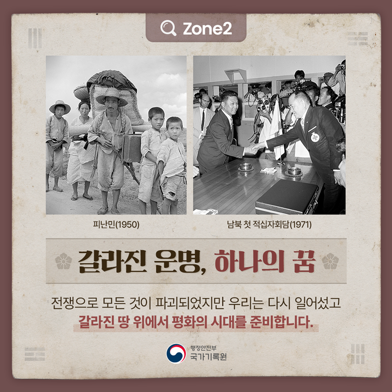 (이미지) 피난민(1950), 남북 첫 적십자회담(1971) Zone2 [갈라진 운명, 하나의 꿈] 전쟁으로 모든 것이 파괴되었지만 우리는 다시 일어섰고 갈라진 땅 위에서 평화의 시대를 준비합니다.