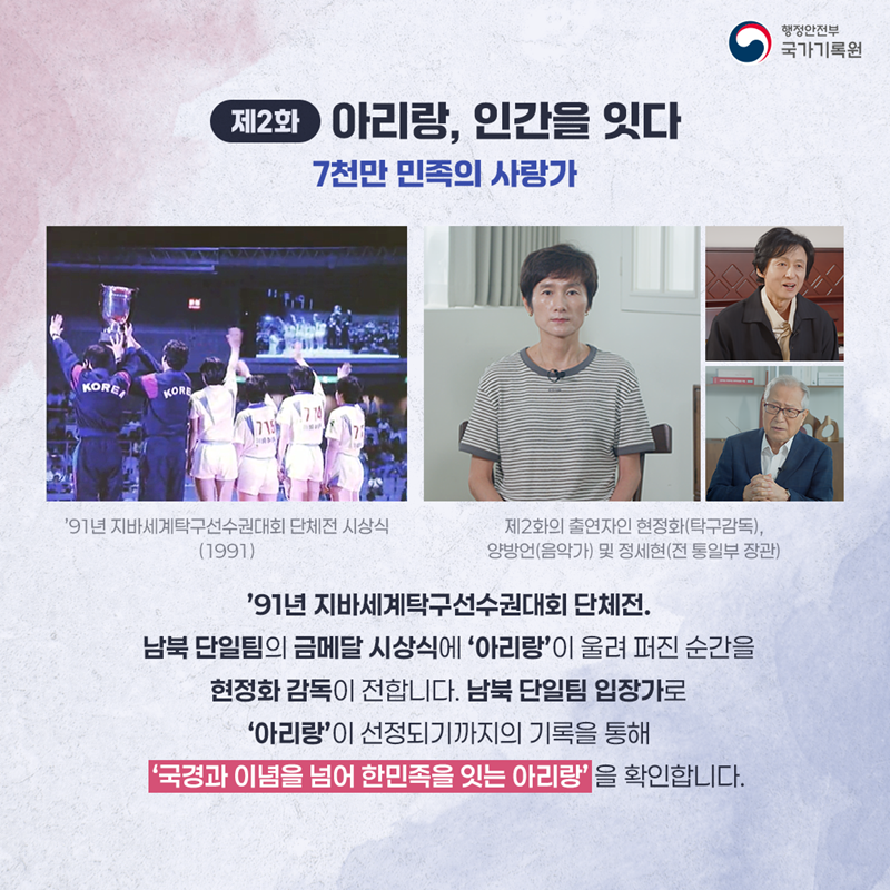<제2화 아리랑, 인간을 잇다> 7천만 민족의 사랑가 (이미지설명 ‘91년 지바세계탁구선수권대회 단체전 시상식(1991),  제2화의 출연자인 현정화(탁구감독), 양방언(음악가) 및 정세현(전 통일부 장관)) ‘91년 지바세계탁구선수권대회 단체전. 남북단일팀이 금메달을 시상하며 아리랑이 울려퍼지는 감동적인 순간을 현정화 감독이 소개하며   남북단일팀 입장가로 아리랑이 선정 되기까지의 남북이 오고 간 기록을 통해 ‘국경과 이념을 초월해 한민족을 잇는 아리랑’을 확인합니다.