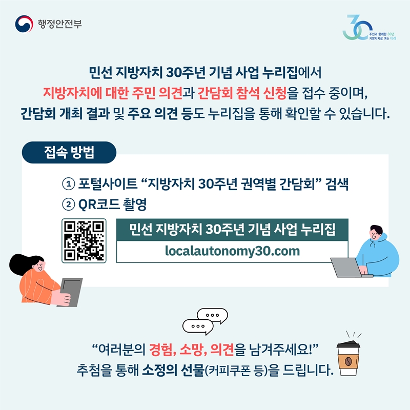 <민선 지방자치 30주년 기념 사업 누리집에서 지방자치에 대한 주민 의견과 간담회 참석 신청을 접수 중이며,  간담회 개최 결과 및 주요 의견 등도 누리집을 통해 확인할 수 있습니다.>  [접속 방법] ①포털사이트 “지방자치 30주년 권역별 간담회" 검색 ②QR코드 촬영 민선 지방자치 30주년 기념 사업 누리집 localautonomy30.com (QR코드-해당페이지로 이동) “여러분의 경험, 소망, 의견을 남겨주세요!" 추첨을 통해 소정의 선물(커피쿠폰 등)을 드립니다.