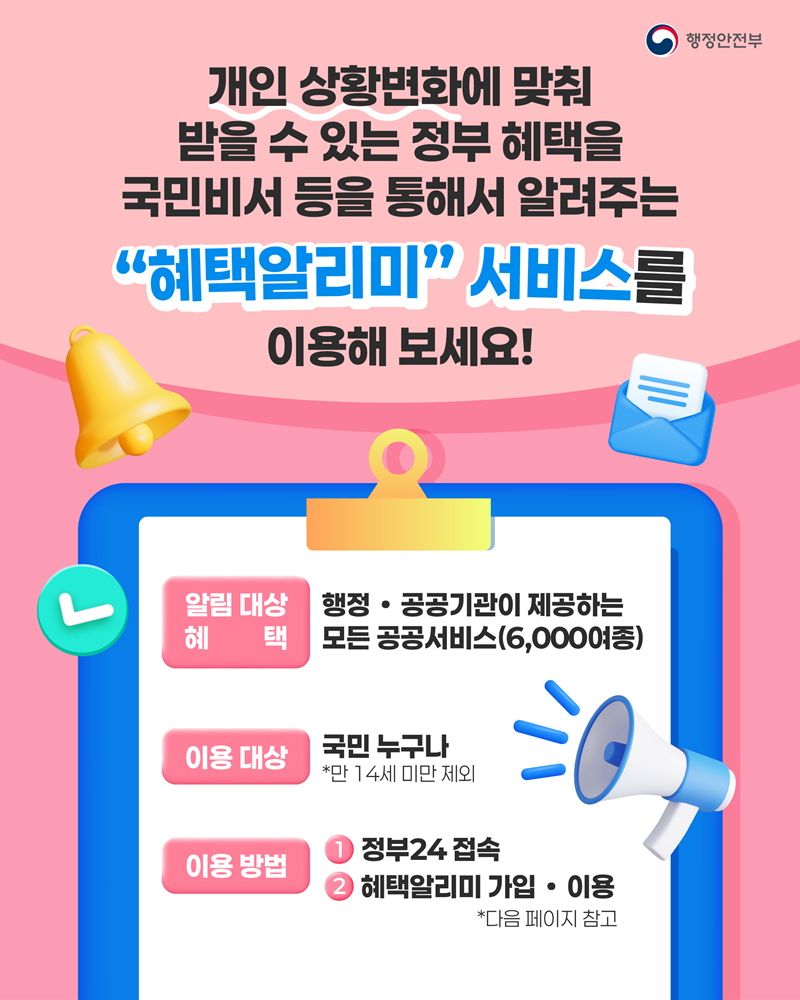 개인 상황변화에 맞춰 받을 수 있는 정부 혜택을 국민비서 등을 통해서 알려주는 