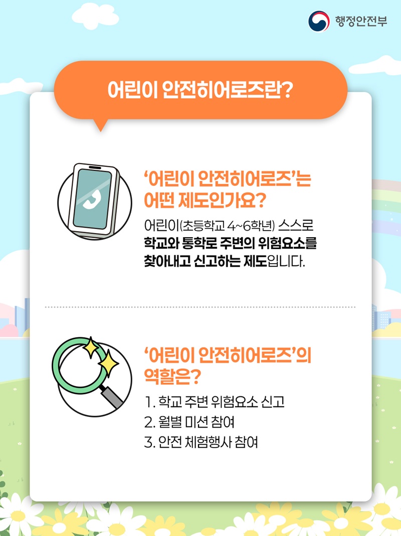 <어린이 안전히어로즈란?>  - '어린이 안전히어로즈'는 어떤 제도인가요? 어린이(초등학교 4~6학년) 스스로  학교와 통학로 주변의 위험요소를 찾아내고 신고하는 제도입니다.  - '어린이 안전히어로즈'의 역할은?  1. 학교 주변 위험요소 신고  2. 월별 미션 참여  3. 안전 체험행사 참여