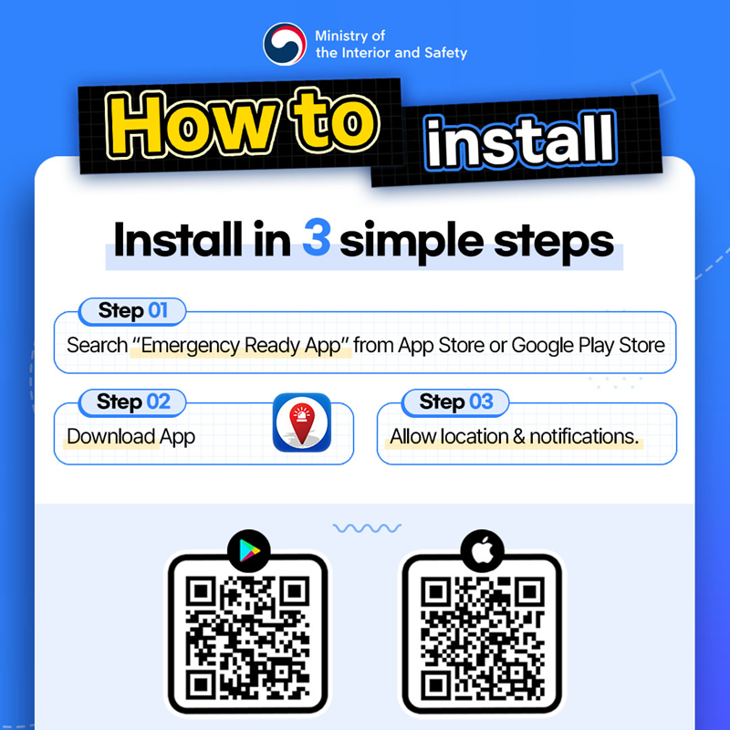 [How to install] Install in 3 simple steps  [Step01] search "Emergency Ready App" from APP Store or Google Play Store [Step02] Download APP  [Step03] Allow location&notifications
