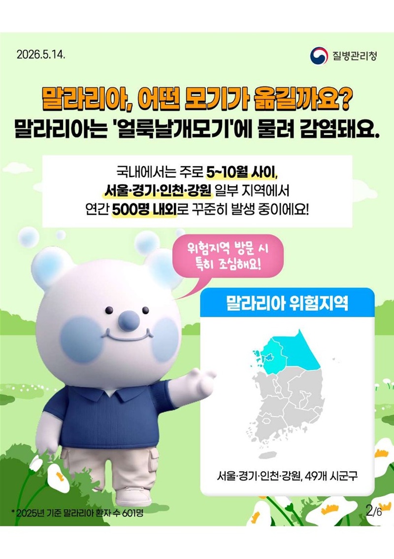 <말라리아, 어떤 모기가 옮길까요? 말라리아는 '얼룩날개모기'에 물려 감염돼요.>  국내에서는 주로 5~10월 사이, 서울·경기·인천·강원 일부 지역에서 연간 500명 내외로 꾸준히 발생 중이에요! 위험지역 방문 시 특히 조심해요! * 말라리아 위험지역: 서울·경기·인천·강원, 49개 시군구 *2025년 기준 말라리아 환자 수 601명