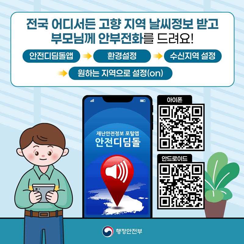 전국 어디서든 고향 지역 날씨정보 받고 부모님께 안부전화를 드려요! (안전디딤돌앱→환경설정→수신지역 설정→원하는 지역으로 설정(on)) 재난안전정보 포털앱 안전디딤돌 아이폰 QR코드 - 해당이미지로 이동, 안드로이드 QR코드 - 해당이미지로 이동 -행정안전부-