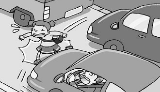 도로 갓길에 주차된 차들 사이로 여자 어린이가 갑자기 뛰쳐나와 차와 부딪히는 상황의 이미지