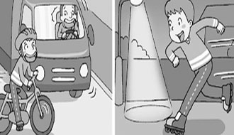 남자 어린이가 자전거를 타다가 골목길에서 나온 트럭과 마주하고 있는 상황의 이미지와 밤에 인라인스케이트를 타고 있는 남자 어린이의 이미지