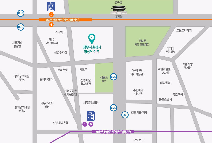 5호선 광화문역 1번출구로 250미터정도 직진으로 이동하시고 횡단보도를 건너 다시 약100미터 직진하시거나, 3호선 경복궁역 6번 출구로 나와서 왼쪽으로 80미터 이동하시고 횡단보도를 건너 오른쪽으로 100미터 이동하면 정부서울청사 행정안전부로 찾아오실 수 있습니다.