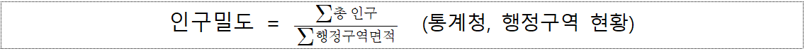 인구밀도 = ∑행정구역면적/∑총인구(통계청, 행정구역 현황)