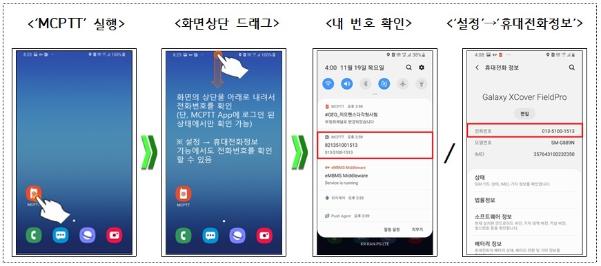 내 번호 확인 <#039;MCPTT#039;실행> <화면상단 드래그><내 번호 확인> <#039;설정#039;→#039;휴대전화정보#039;>