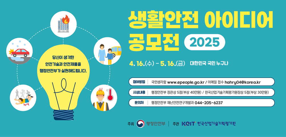 2025 생활안전 아이디어 공모전 
당신이 생각한 안전기술과 안전제품을 행정안전부가 실현해드립니다.
4.16.(수)~5.16.(금) 대한민국 국민 누구나

참여방법 - 국민생각함 www.epeople.go.kr/ 이메일 접수 hahry04@korea.kr
시상내용 - 행정안전부 장관상 5점(부상 40만원)/ 한국산업기술기획평가원장상 5점(부상 30만원)
문의처 - 행정안전부 재난안전연구개발과 044-205-6237
주최 - 행정안전부 주관 한국산업기술기획평가원