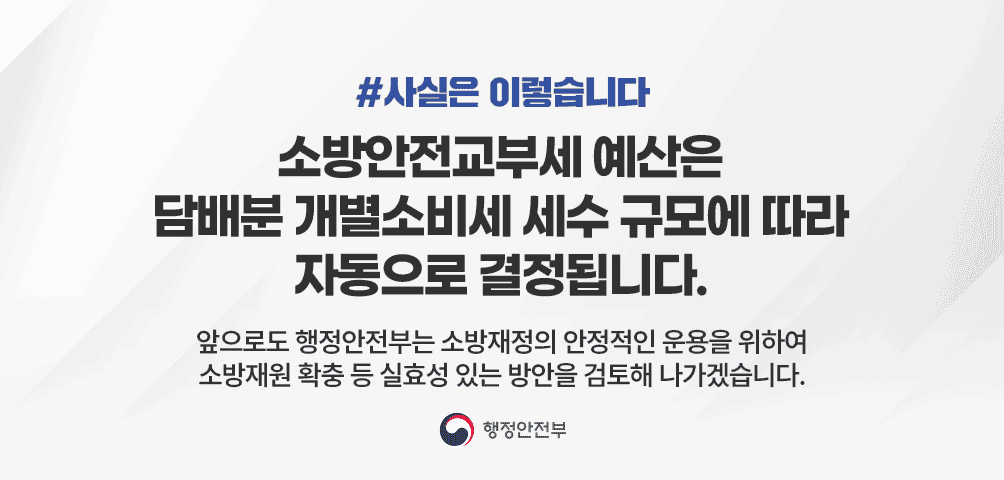 #사실은 이렇습니다 행정안전부 소방안전교부세 예산은 담배분 개별소비세 세수 규모에 따라 자동으로 결정됩니다.
앞으로도 행정안전부는 소방재정의 안정적인 운용을 위하여
소방재원 확충 등 실효성 있는 방안을 검토해 나가겠습니다.