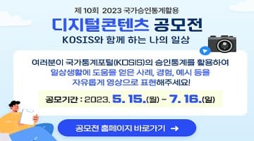 제10회 2023 국가승인통계활용 디지털콘텐츠 공모전 KOSIS와 함께 하는 나의 일상
여러분이 국가통계포털(KOSIS)의 승인통계를 활용하여 일상생활에 도움을 얻은 사례,경험,예시 등을
자유롭게 영상으로 표현해주세요!
공모기간:2023.5.15.(월)~7.16.(일) 공모전 홈페이지 바로가기