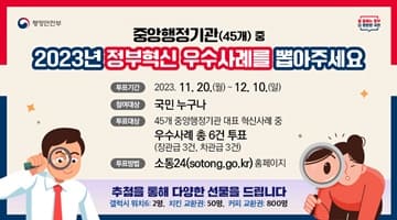 중앙행정기관(45개) 중 2023년 정부혁신 우수사례를 뽑아주세요 / 투표기간 : 2023. 11. 20.(월) ~ 12. 10.(일) / 참여대상 : 국민 누구나 / 투표대상 : 45개 중앙행정기관 대표 혁신사례 중 우수사례 총 6건 투표(장관급 3건, 차관급 3건) / 투표방법 : 소통24(sotong.go.kr) 홈페이지